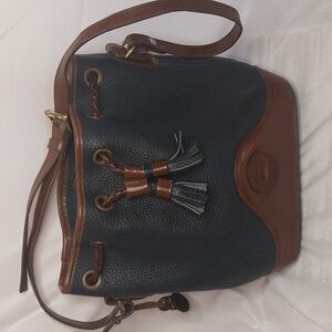 Dooney & Bourke Navy Blue and Brown Leather Drawstring Shoulder Bag